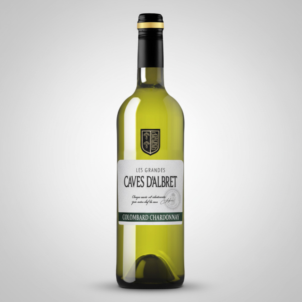 Generated Image December 09 2025 12 10PM | Gepersonaliseerde cadeaus "Fles Caves d'Albret Colombard Chardonnay witte wijn met wit etiket en groene accenten."