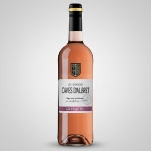 "Fles Caves d'Albret Grenache ros&eacute; met wit etiket en paarse accenten."