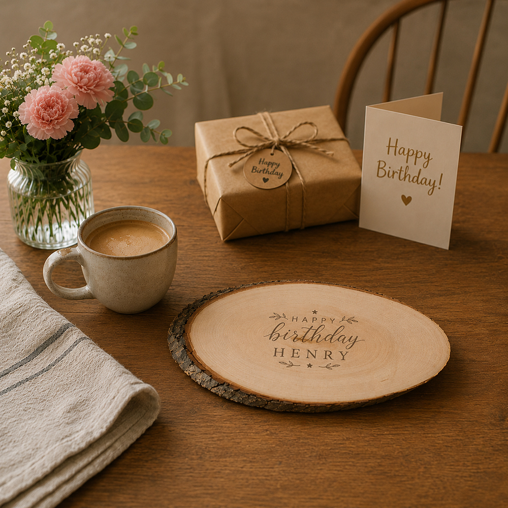 boomstamshijf medium verjaardag sfeerfoto 2 1 | Gepersonaliseerde cadeaus Boomstamschijf graveren verjaardag als persoonlijk cadeau op feestelijk gedekte tafel