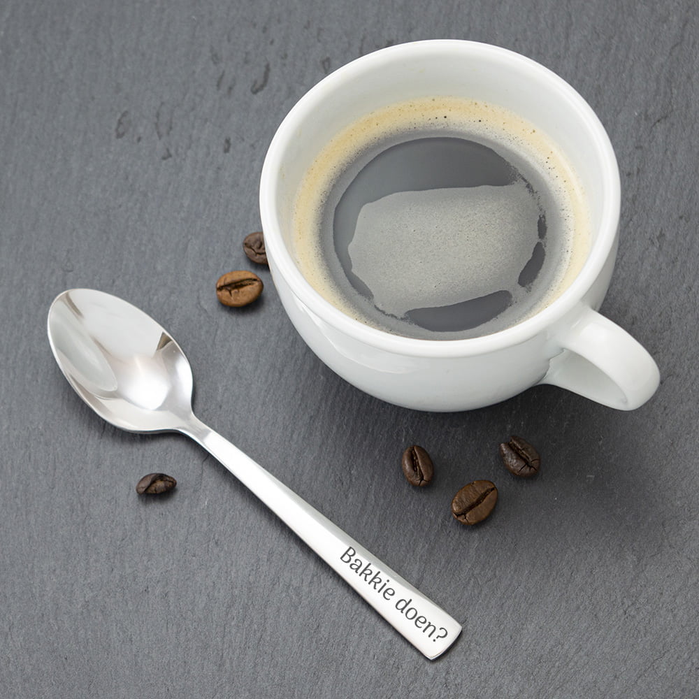 Koffielepel graveren met eigen ontwerp, ideaal voor unieke geschenken.