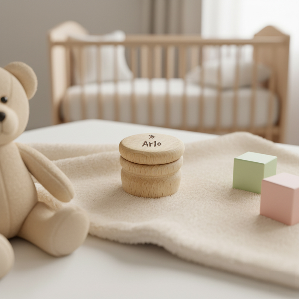 Baby haarlokjes doosje met naam graveren dicht jongenskamer sfeerfoto | Gepersonaliseerde cadeaus Haarlokdoosje graveren in jongenskamer met neutrale tinten