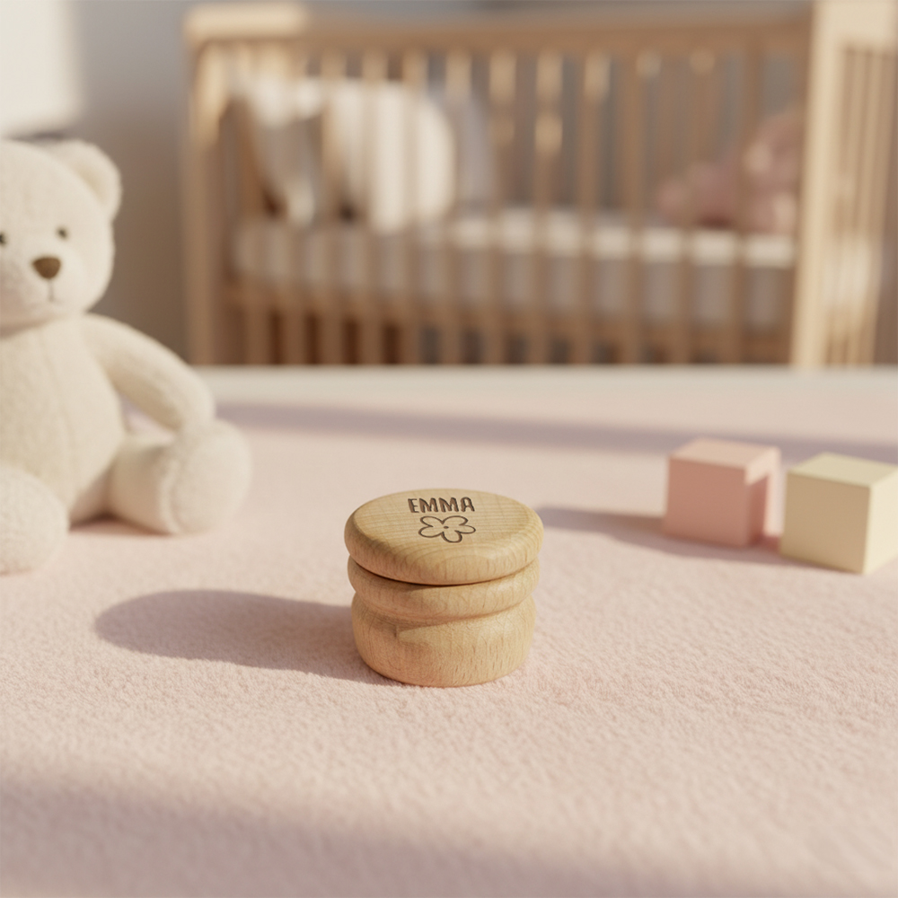 Baby haarlokjes doosje met naam graveren dicht meisjeskamer sfeerfoto | Gepersonaliseerde cadeaus Haarlokdoosje met naam in meisjeskamer met zachte roze tinten