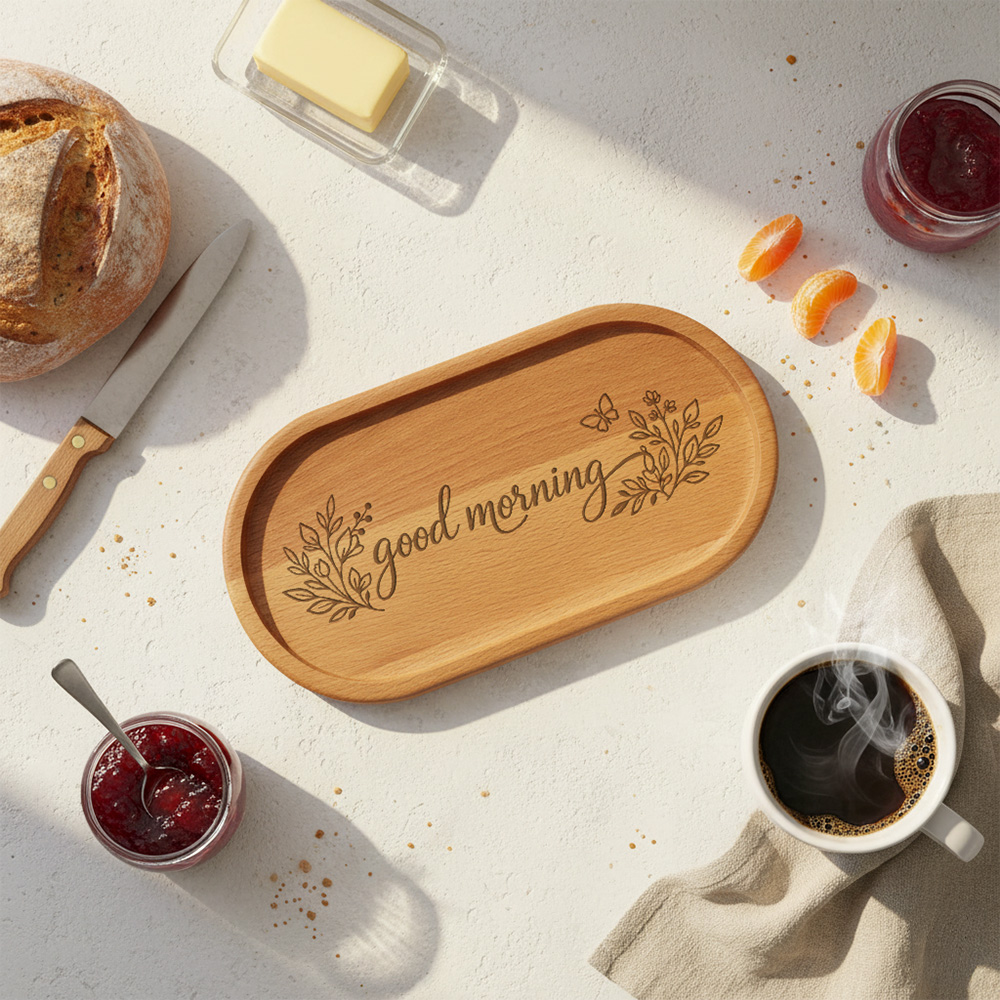 Serveerplankje graveren met naam gepersonaliseerd cadeau moederdag verjaardag ontbijt goedemorgen sfeer | Gepersonaliseerde cadeaus Serveerplankje graveren gebruikt met hapjes en koffie